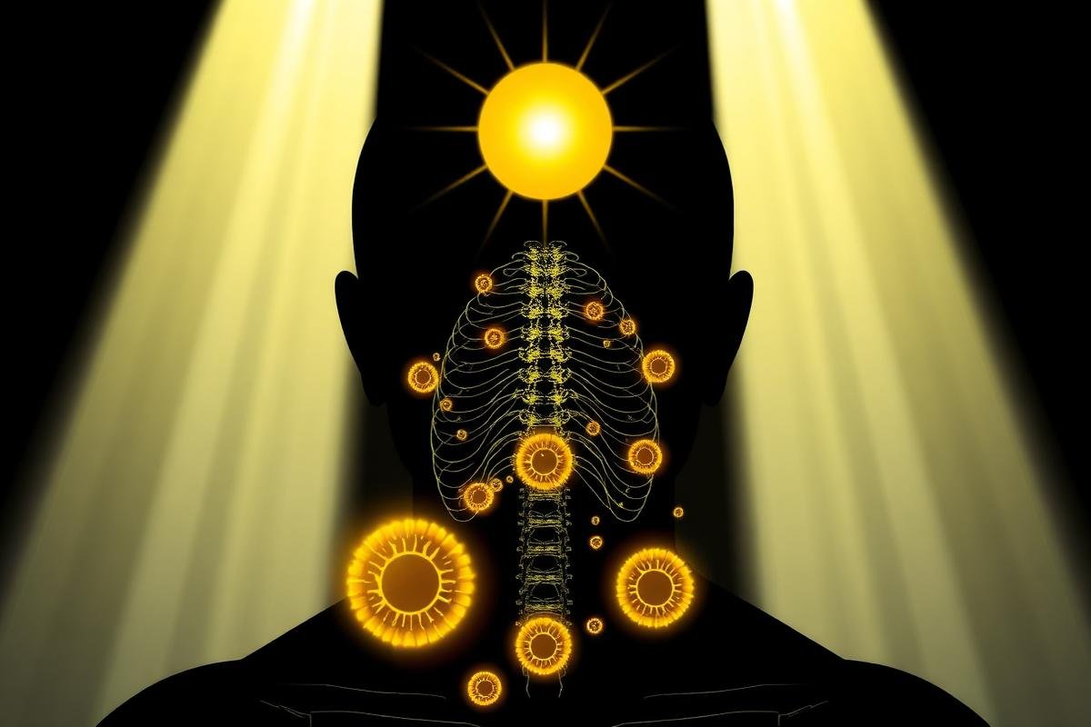 Ilustração de raios solares sobre silhueta humana com ossos e células de defesa em destaque